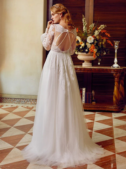 A-Line Wedding Dresses V Neck Lace Tulle Long Sleeve See-Through with Appliques