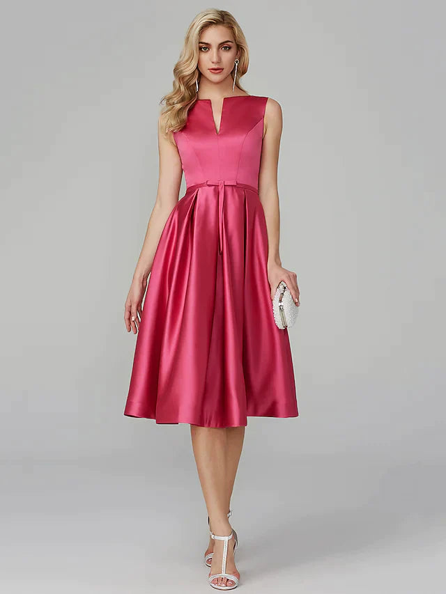 A-Line Minimalist Elegant Cocktail Party Prom Valentine's Day Dress V Wire Sleeveless Knee Length Satin with Sash Ribbon