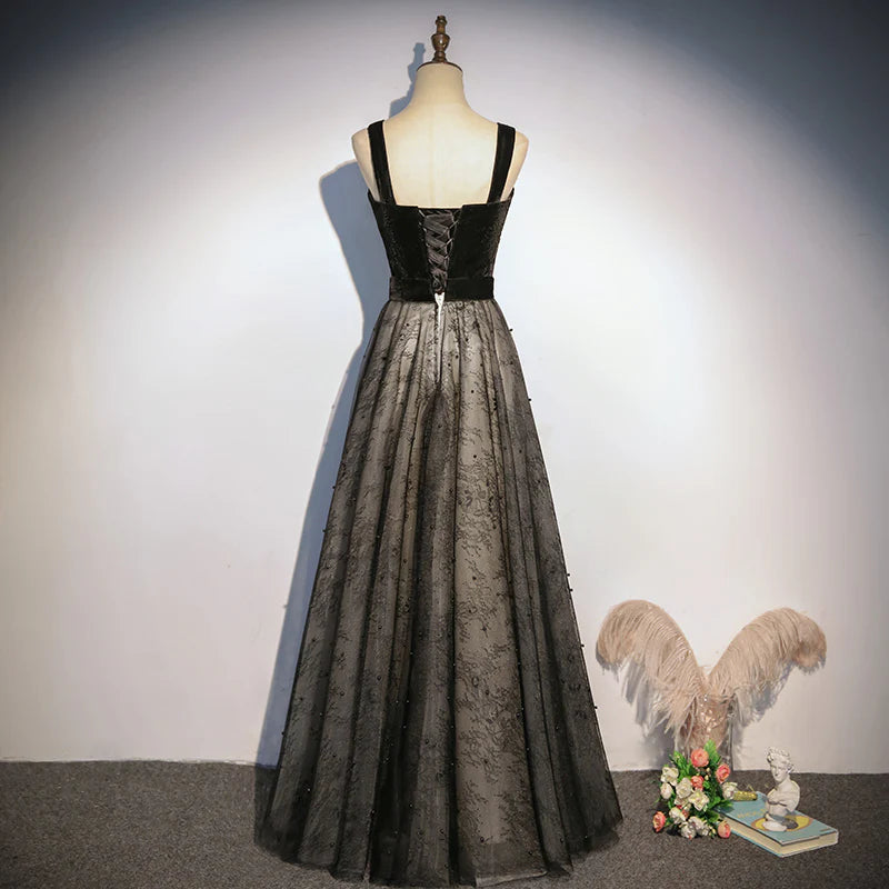 Velvet Bodice Spaghetti-Strap Sweetheart Lace-Up Back Glitter Tulle A-Line Floor-Length Evening Dress