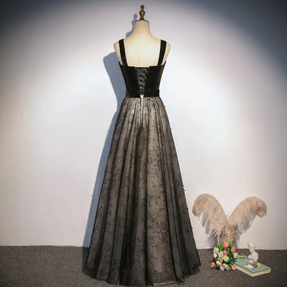 Velvet Bodice Spaghetti-Strap Sweetheart Lace-Up Back Glitter Tulle A-Line Floor-Length Evening Dress