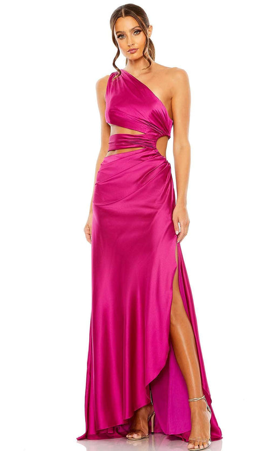 Vibrant Magenta Satin One-Shoulder with Cutout Bodice and High Slit Evening Dress