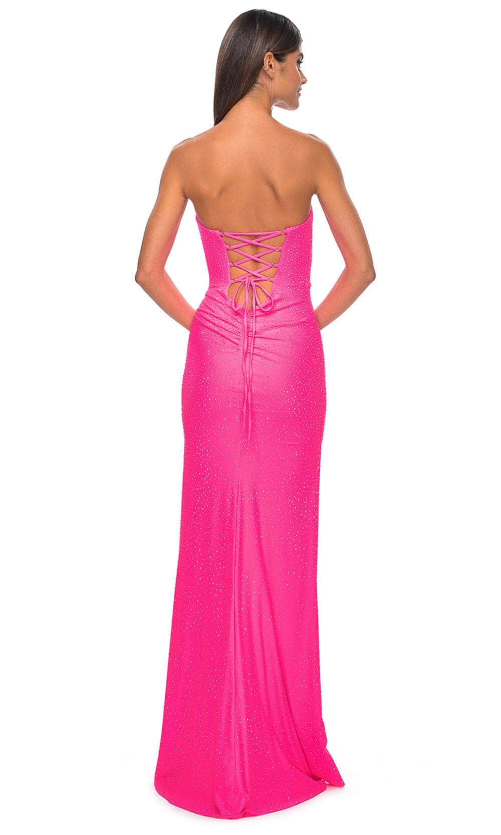 Vibrant Neon Pink Beaded Strapless with Lace-Up Back and High Slit Evening Dress