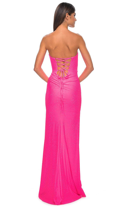 Vibrant Neon Pink Beaded Strapless with Lace-Up Back and High Slit Evening Dress