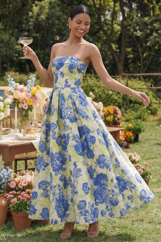 Vibrant Strapless Watercolor Blue Green Floral Print A-Line Midi Dress with Structured Bodice and Open Back Prom Dress