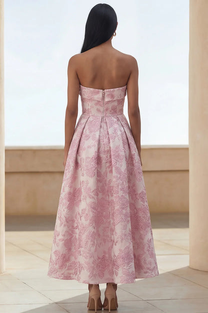 Vibrant Strapless Watercolor Blue Green Floral Print A-Line Midi Dress with Structured Bodice and Open Back Prom Dress