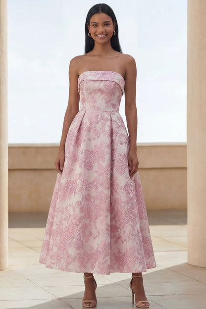 Vibrant Strapless Watercolor Blue Green Floral Print A-Line Midi Dress with Structured Bodice and Open Back Prom Dress