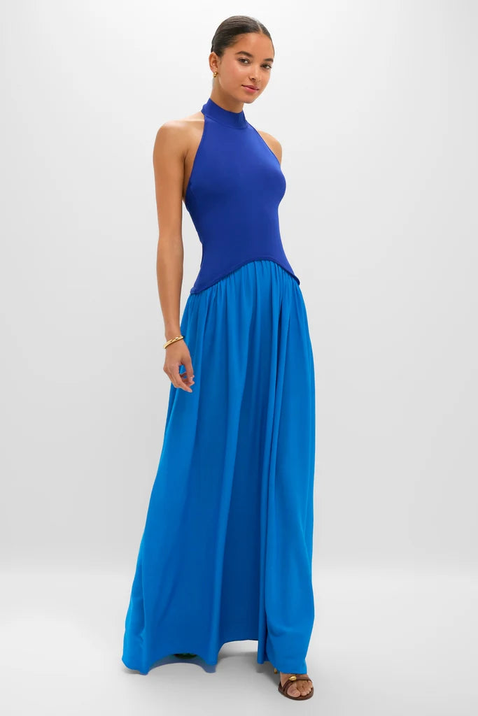 Vibrant Two-Tone Blue Halter Maxi Dress with Pleated Skirt, Evening Dresses
