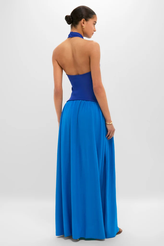 Vibrant Two-Tone Blue Halter Maxi Dress with Pleated Skirt, Evening Dresses