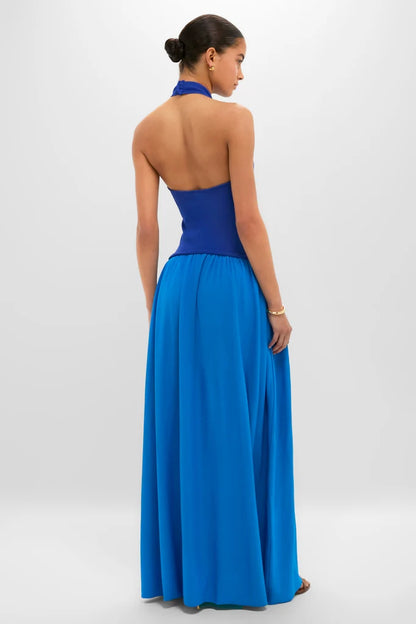 Vibrant Two-Tone Blue Halter Maxi Dress with Pleated Skirt, Evening Dresses