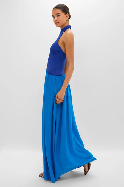 Vibrant Two-Tone Blue Halter Maxi Dress with Pleated Skirt, Evening Dresses