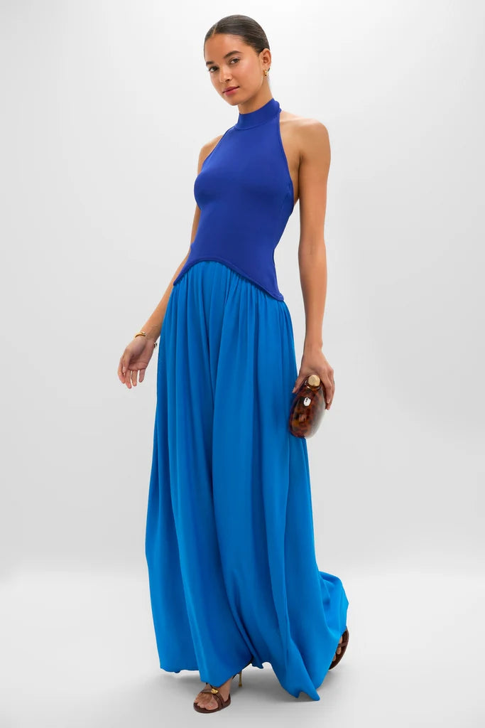 Vibrant Two-Tone Blue Halter Maxi Dress with Pleated Skirt, Evening Dresses