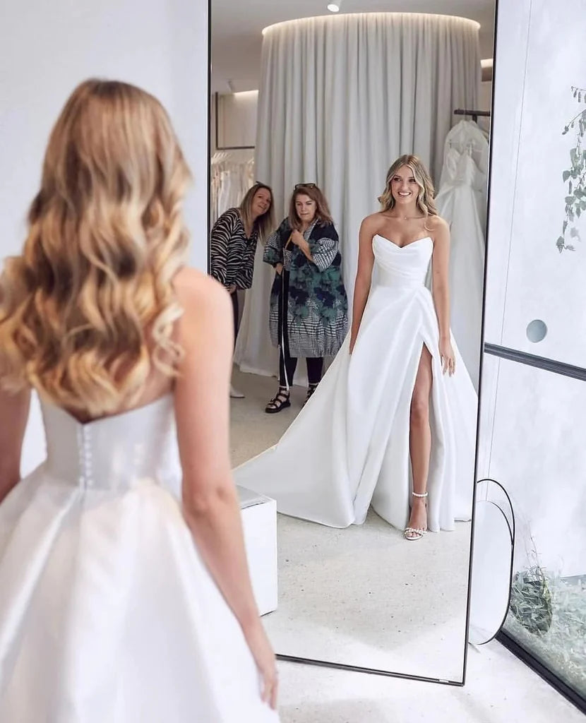 Vintage A Line Ivory Satin Beach Wedding Dress With Side Slit