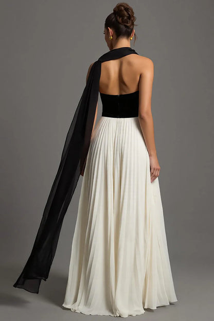 Vintage Black and White Contrast Velvet Halter Scarf Pleated Floor Length Evening Dress