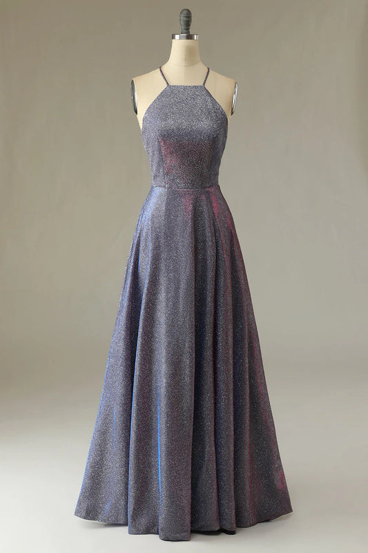 Glitter Purple Round Neck Lace-Up Back Backless Long Prom Dress