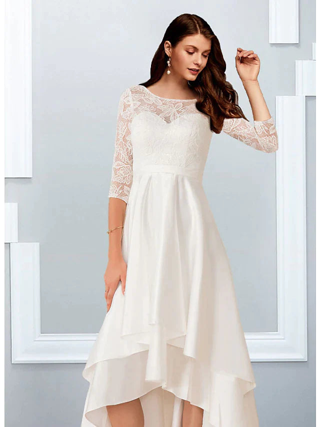 A-Line Wedding Dresses Jewel Neck Asymmetrical Chiffon Lace Half Sleeve Simple Beach with Cascading Ruffles