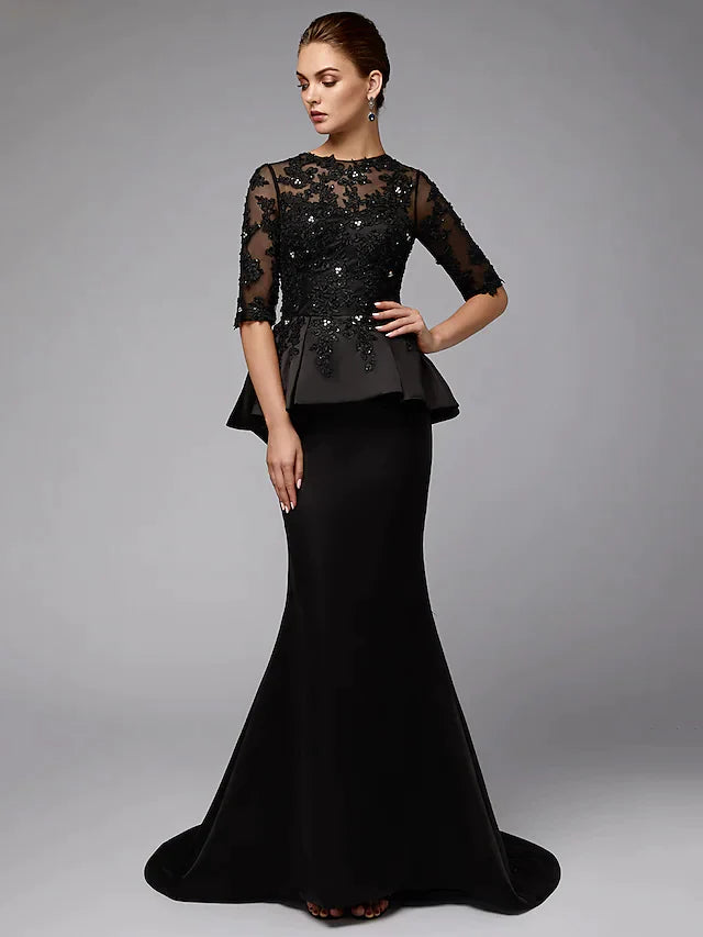 Mother of the Bride Dress Sexy See Through Jewel Neck Lace Satin Half Sleeve with Beading Appliques