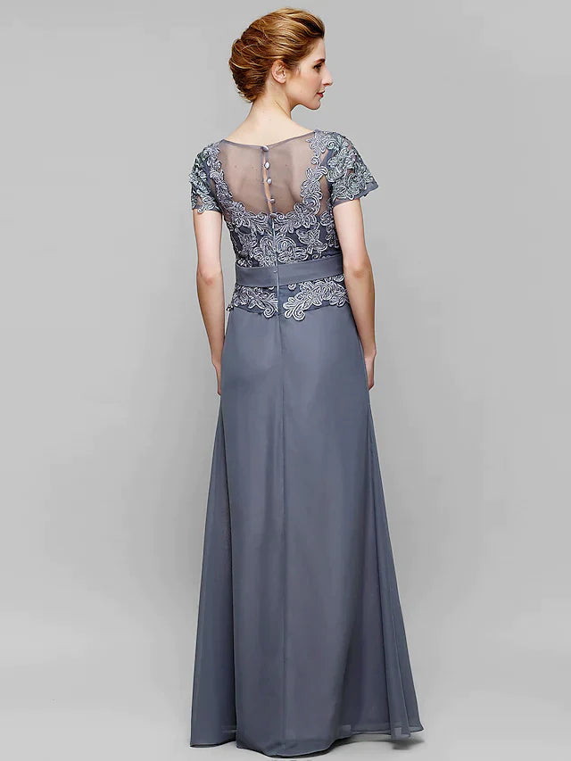 Mother of the Bride Dress Elegant V Neck Floor Length Chiffon Lace Short Sleeve with Lace