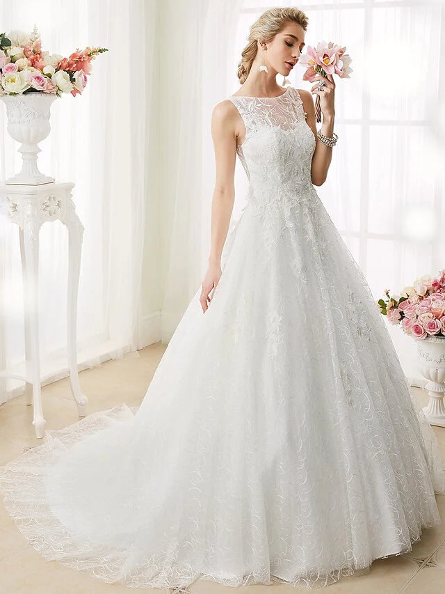 Ball Gown Wedding Dresses Bateau Neck Court Train Beaded Lace Regular Straps See-Through Beautiful Back with Beading Appliques