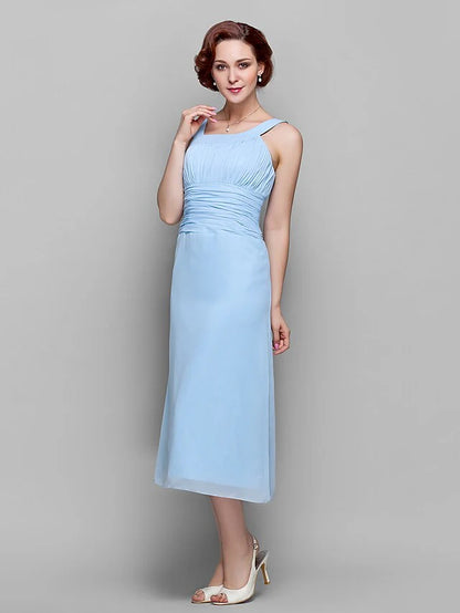 Mother of the Bride Dress Elegant Straps Tea Length Chiffon Sleeveless with Ruched Draping