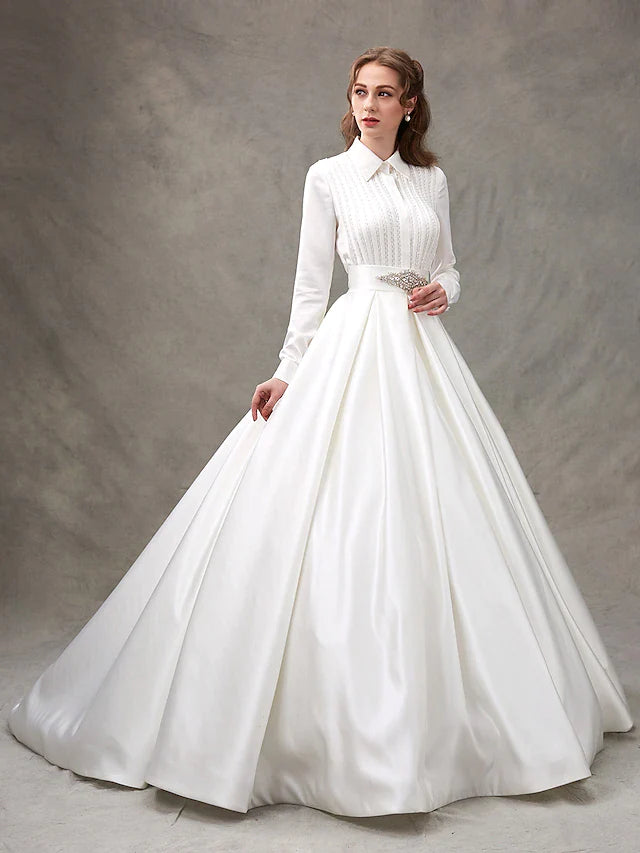 Ball Gown Wedding Dresses High Neck Satin Long Sleeve Glamorous Sparkle & Shine with Bowknot Sash Ribbon Beading