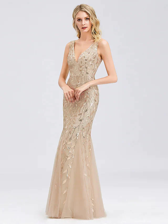 Sparkle Sexy Prom Formal Evening Valentine's Day Dress V Neck Sleeveless Floor Length Tulle Sequined with Sequin Appliques