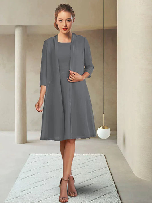 Mother of the Bride Dress Elegant Jewel Neck Knee Length Chiffon Length Sleeve with Ruching