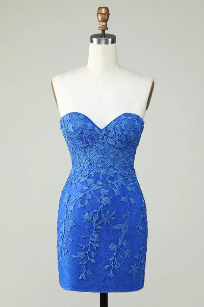 Strapless Tight Royal Blue Homecoming Dress With Appliques