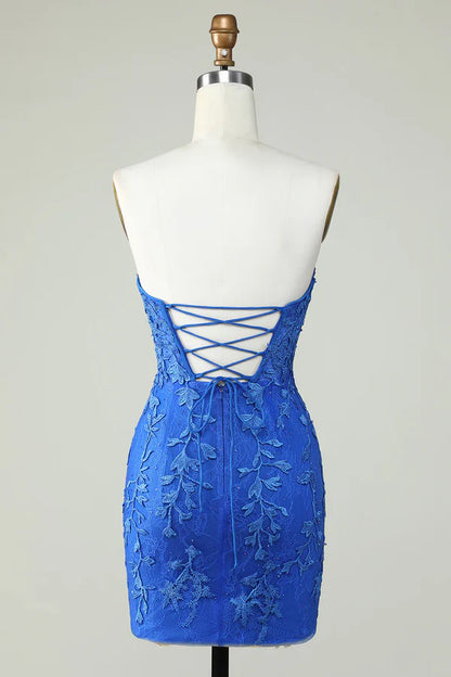 Strapless Tight Royal Blue Homecoming Dress With Appliques