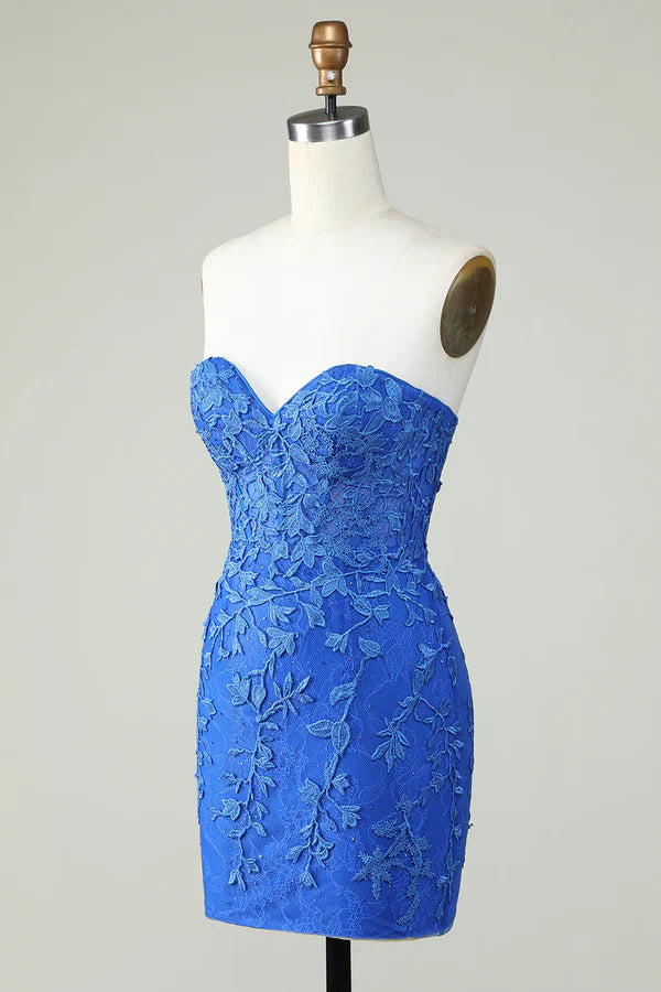 Strapless Tight Royal Blue Homecoming Dress With Appliques