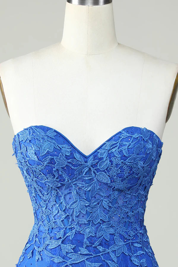 Strapless Tight Royal Blue Homecoming Dress With Appliques