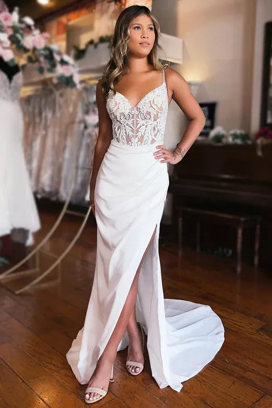 A-Line White Simple Wedding Dresses Court Train Evening Dresses With Slit