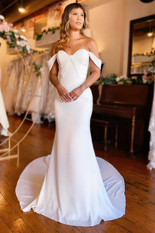 Sweep / Brush Train Off The Shoulder  Simple Boho Wedding Dress