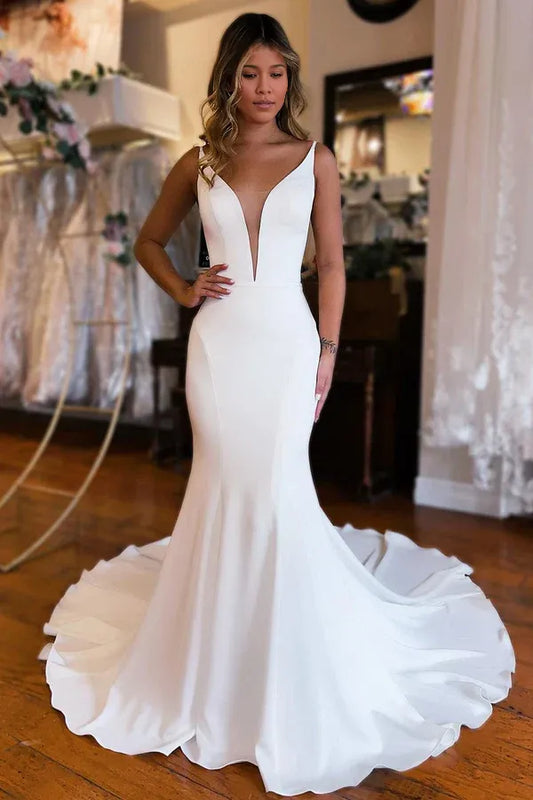 Mermaid Backless Spaghetti Straps V Neck Sweep Train Wedding Dress Boho  Bridal Gowns