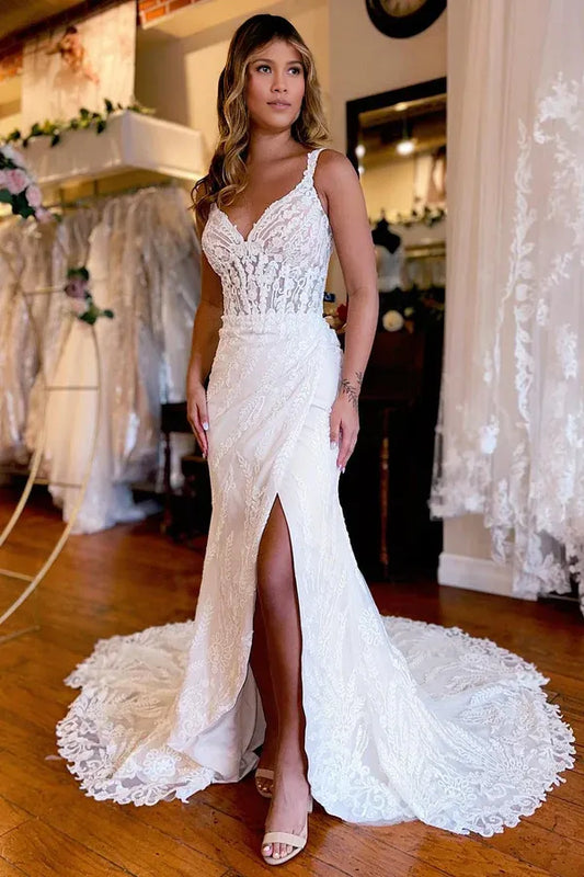 Sheath Wedding Dresses V Neck Chapel Train Long Lace Wedding Dress with Slit