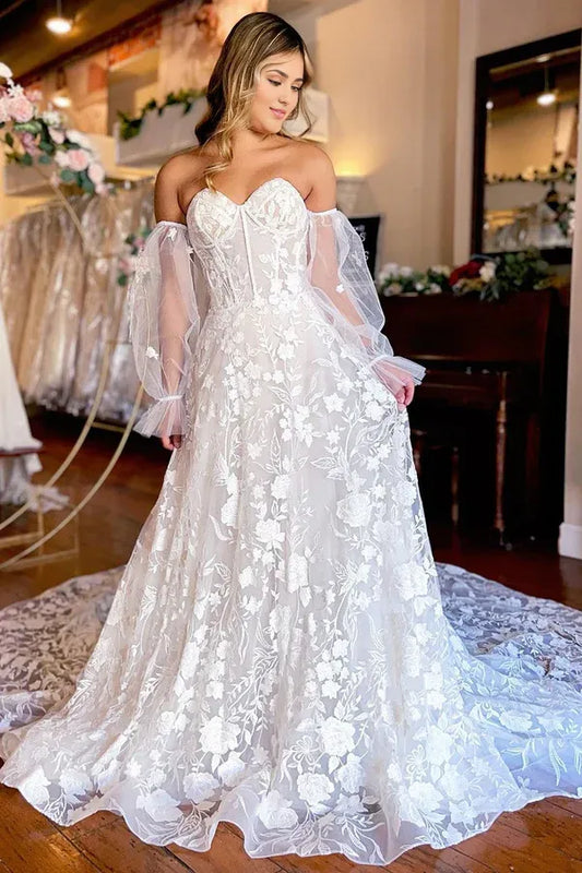 Corset Detachable Applique Off-the-Shoulder Long Sleeves Court Train Wedding Dresses