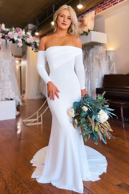 A-Line Off the Shoulder Mermaid White Boho Long Sleeves Wedding Dress