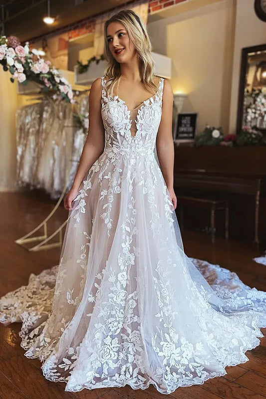 Charming Engagement Open Back Sexy Formal Wedding Dresses V-Neck Backless  Court Train Lace Bridal Gowns With Appliques