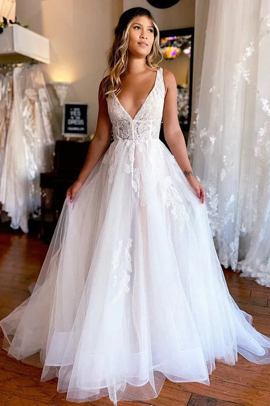 Wedding Dresses Sweetheart  Deep V-Neck Backless  Court Train Lace Regular Long Wedding Dress With Appliques