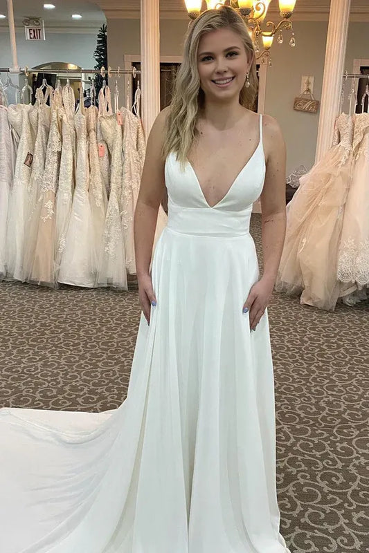 Wedding Dresses V Neck Court Train Spaghetti Straps White Long Wedding Dress with Beading