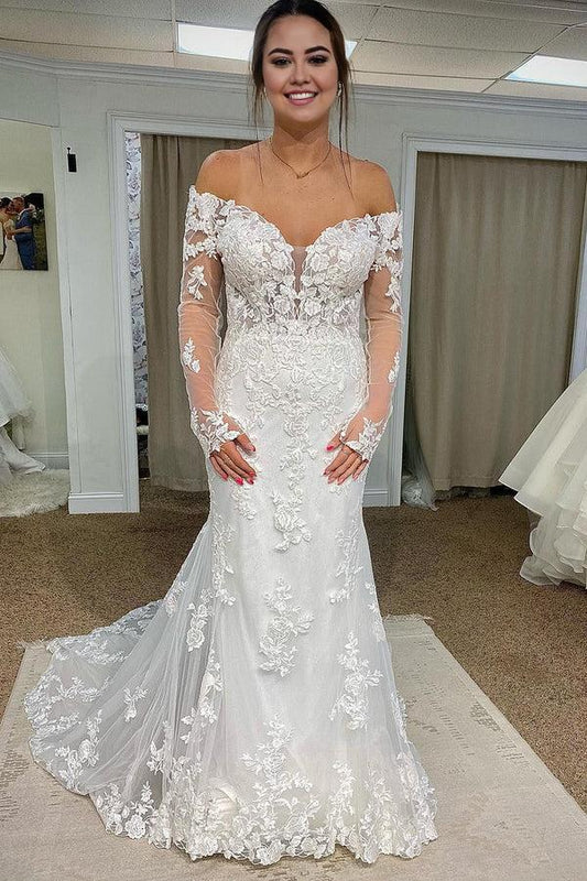 Mermaid Court Train Lace Polyester Off The Shoulder Long Sleeve Long Wedding Dress  with Appliques