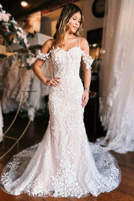 A-Line Wedding Dresses Chapel Train Lace Cold Shoulder Long Train Mermaid Wedding Dress with Appliques