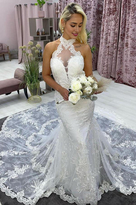 Mermaid / Trumpet Halter Neckline Court Train Lace Tulle Wedding Dress with Appliques