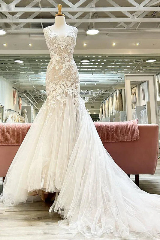 Mermaid Trumpet Wedding Dresses Champagne V-Neck Asymmetrical Mermaid Wedding Dress with Appliques