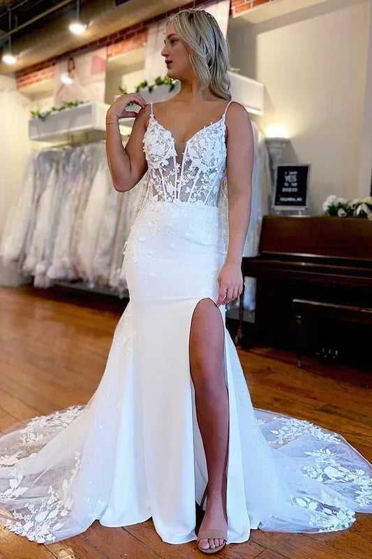 Mermaid Ivory Wedding Dresses V Neck Spaghetti Strap Court Train Sleeveless Split Bridal Dress  with Appliques