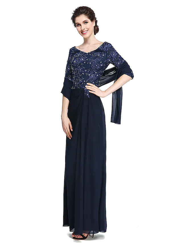 Mother of the Bride Dress Elegant V Neck Ankle Length Chiffon Lace Half Sleeve with Lace