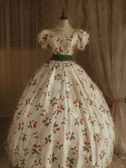 Whimsical Vintage Cherry Print Lace Trim Puff-Sleeve Sweetheart Emerald Green Sash Voluminous Ball Gown Prom Dress