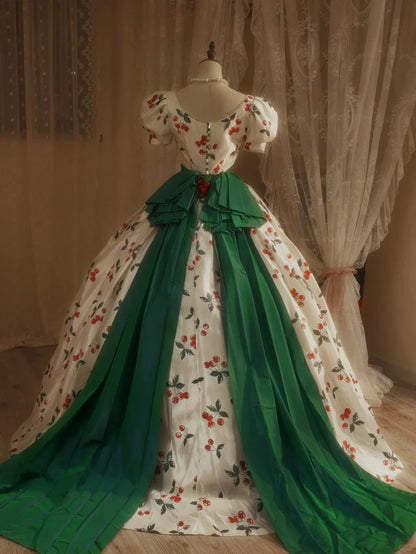 Whimsical Vintage Cherry Print Lace Trim Puff-Sleeve Sweetheart Emerald Green Sash Voluminous Ball Gown Prom Dress