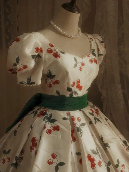 Whimsical Vintage Cherry Print Lace Trim Puff-Sleeve Sweetheart Emerald Green Sash Voluminous Ball Gown Prom Dress