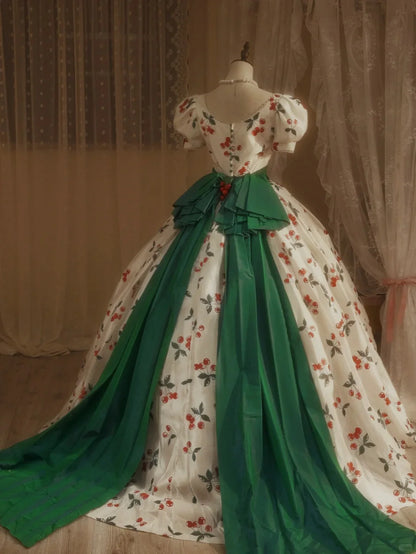 Whimsical Vintage Cherry Print Lace Trim Puff-Sleeve Sweetheart Emerald Green Sash Voluminous Ball Gown Prom Dress