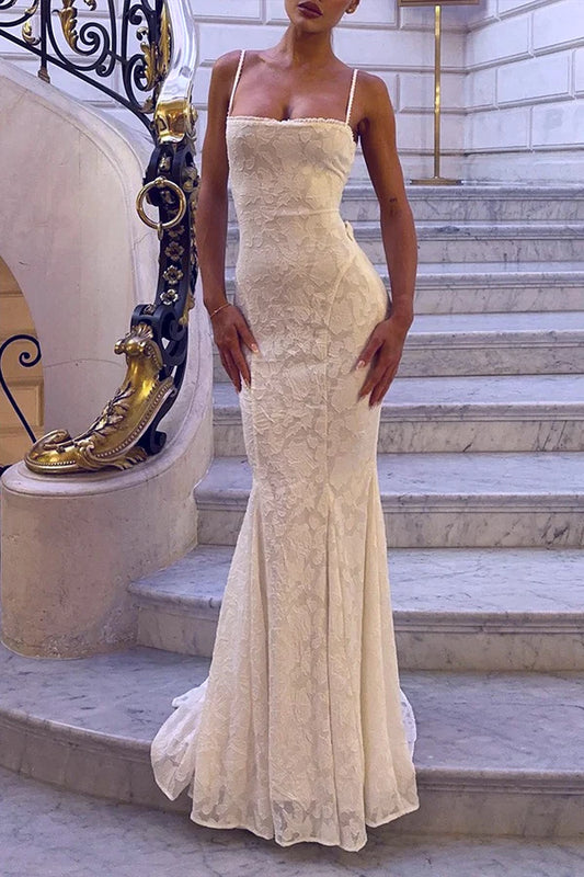 White Lace Mermaid Long Evening Gown for Party Wedding Banquet Festival Prom Formal Occasions